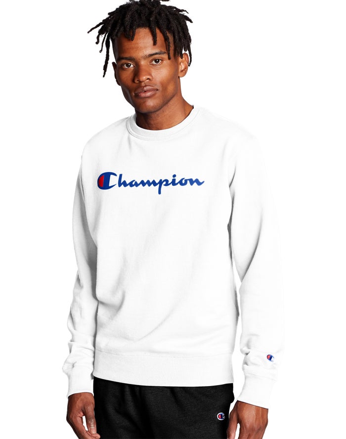 Champion Powerblend Crew Script Logo Erkek Sweatshirt Beyaz ( INZOUG971 )